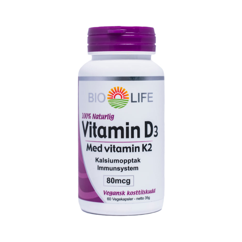 Bio Life - Vitamin D3+K2 - 60 kpsl. - Naturlig vitamin D₃.